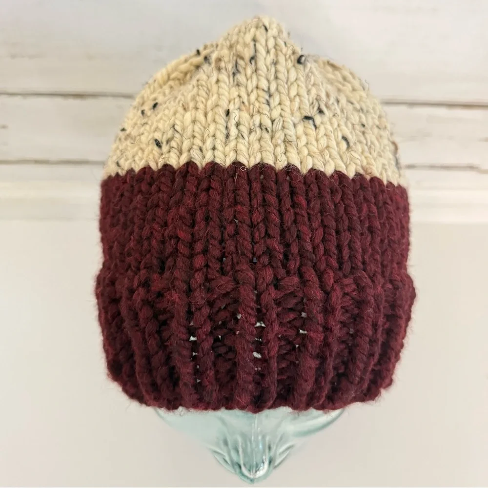 Handmade Two-Tone Knit Beanie – Burgundy & Cream